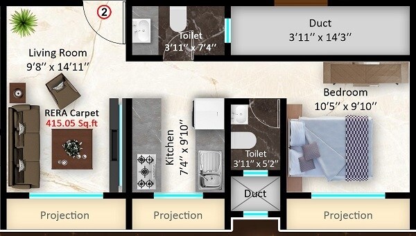 Floor plan of 1 BHK 415 Sq. Ft. Apartment in Dalvi Heights, Thane