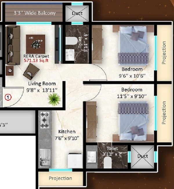 Floor plan of 2 BHK 571 Sq. Ft. Apartment in Dalvi Heights, Thane