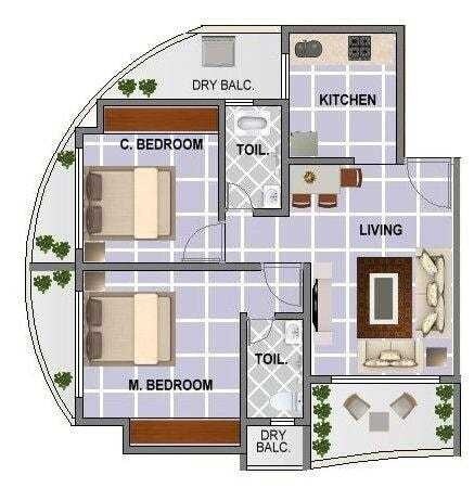 Floor plan of 2 BHK 535 Sq. Ft. Apartment in Damji Pentagon Heights Phase I, Thane