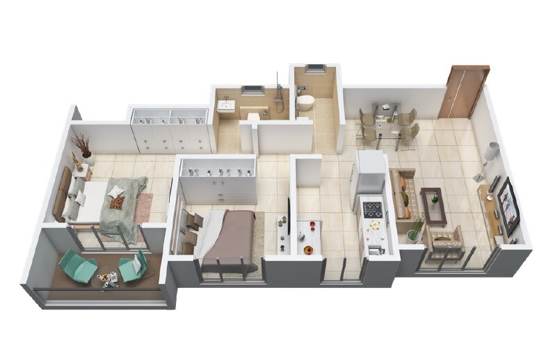 Floor plan of 2 BHK 555 Sq. Ft. Apartment in Damji Shamji Kalpvruksha Tulip, Thane