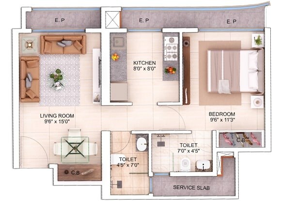 Floor plan of 1 BHK 460 Sq. Ft. Apartment in Damji Shamji Mahavir Spring Tulip Phase 1, Thane