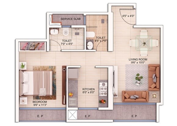 Floor plan of 1 BHK 470 Sq. Ft. Apartment in Damji Shamji Mahavir Spring Tulip Phase 1, Thane