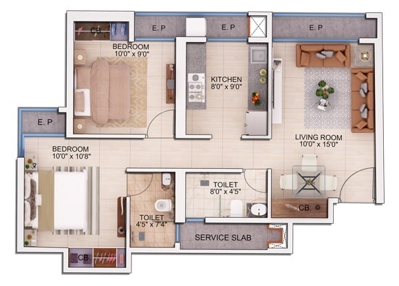 Floor plan of 2 BHK 600 Sq. Ft. Apartment in Damji Shamji Mahavir Spring Tulip Phase 1, Thane
