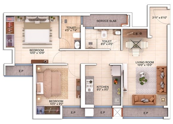 Floor plan of 2 BHK 767 Sq. Ft. Apartment in Damji Shamji Mahavir Spring Tulip Phase 1, Thane
