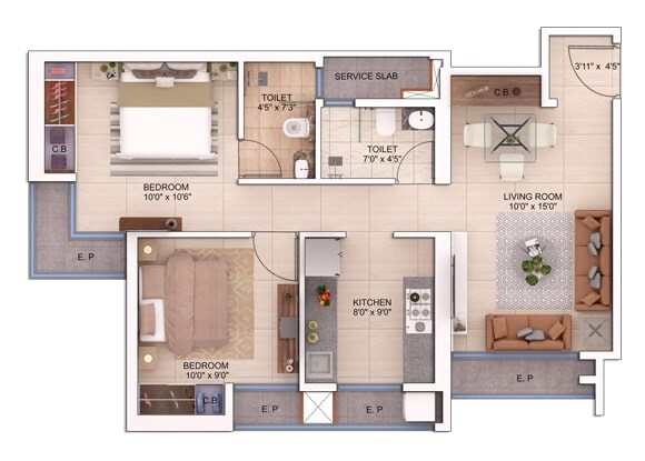  2 BHK Apartment at Damji Shamji Mahavir Spring Tulip Phase 1, Pokhran Road No Two – for Rent
