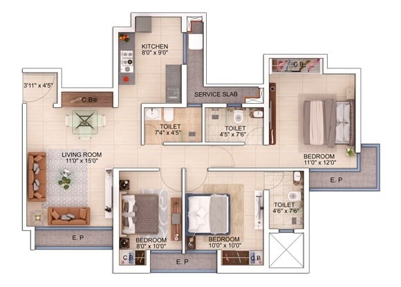 Floor plan of 3 BHK 842 Sq. Ft. Apartment in Damji Shamji Mahavir Spring Tulip Phase 1, Thane
