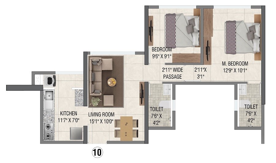 Floor plan of 2 BHK 569 Sq. Ft. Apartment in Damji Shamji Mahavir Vista Point, Thane