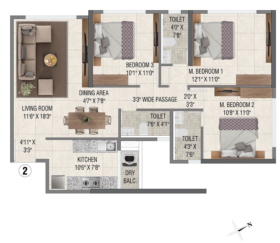 Floor plan of 3 BHK 917 Sq. Ft. Apartment in Damji Shamji Mahavir Vista Point, Thane