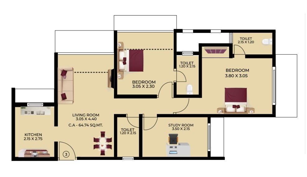 Floor plan of 3 BHK 697 Sq. Ft. Apartment in Darvesh Horizons, Thane