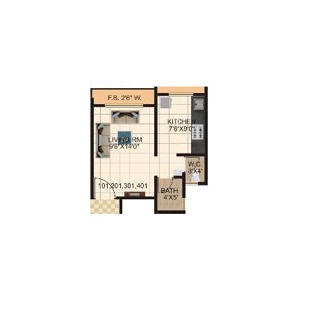 Floor plan of 216 Sq. Ft. Studio in Dashmesh Crystal, Thane