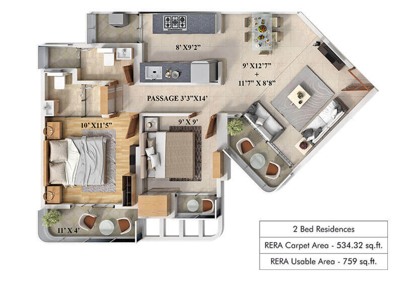Floor plan of 2 BHK 534 Sq. Ft. Apartment in Davakhar Elegance, Thane
