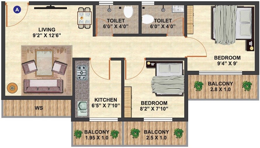 Floor plan of 2 BHK 441 Sq. Ft. Apartment in Dayal Mera Ghar, Thane