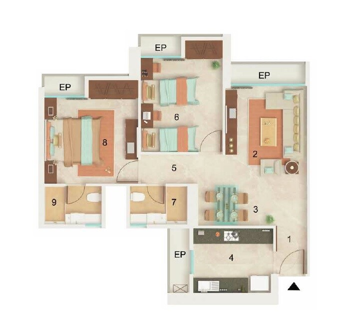 Floor plan of 2 BHK 733 Sq. Ft. Apartment in DB Parkwoods, Thane