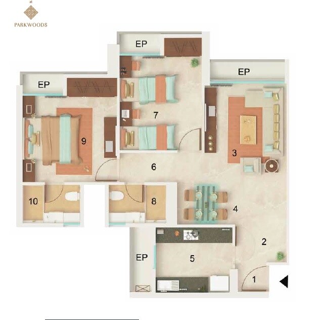 Floor plan of 2 BHK 751 Sq. Ft. Apartment in DB Parkwoods, Thane