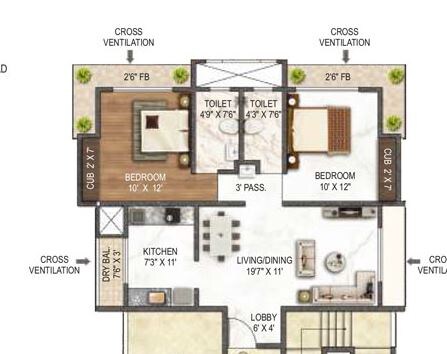 Floor plan of 2 BHK 760 Sq. Ft. Apartment in Dedhia El Canto, Thane