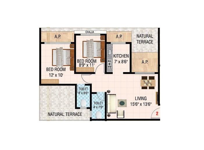 Floor plan of 2 BHK 605 Sq. Ft. Apartment in Deeplaxmi Shreeji Landmark, Thane