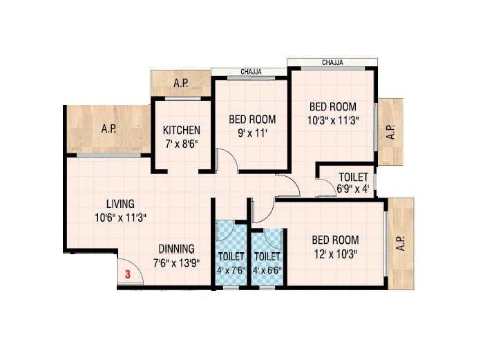 Floor plan of 3 BHK 726 Sq. Ft. Apartment in Deeplaxmi Shreeji Landmark, Thane