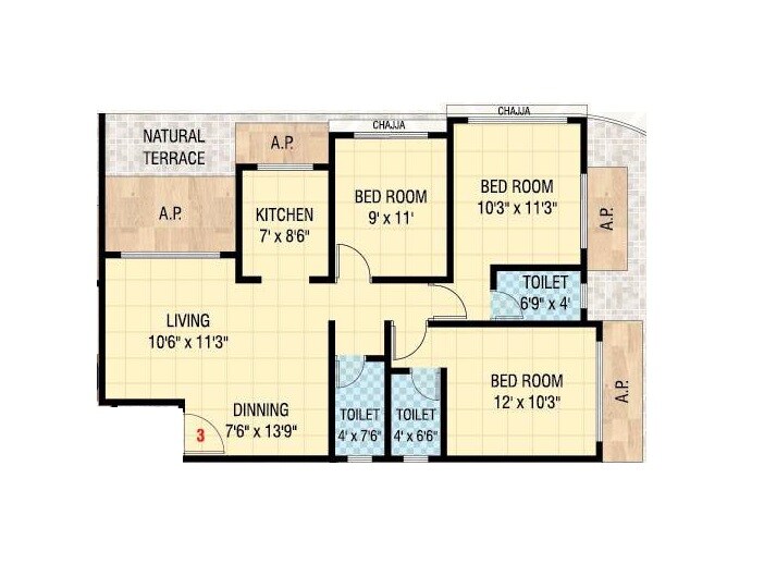 Floor plan of 3 BHK 810 Sq. Ft. Apartment in Deeplaxmi Shreeji Landmark, Thane