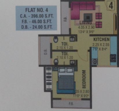 Floor plan of 1 BHK 396 Sq. Ft. Apartment in Delta Avenue, Thane