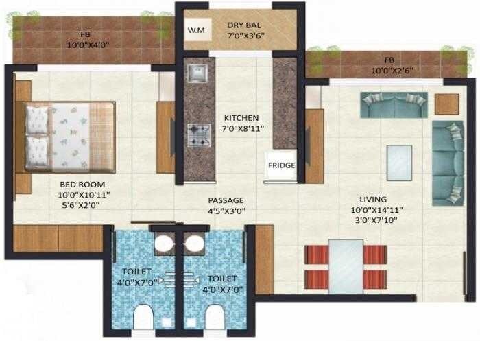 Floor plan of 1 BHK 413 Sq. Ft. Apartment in Delta Vrindavan, Thane