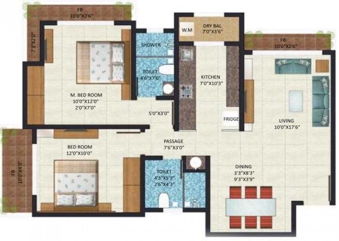 Floor plan of 2 BHK 596 Sq. Ft. Apartment in Delta Vrindavan, Thane