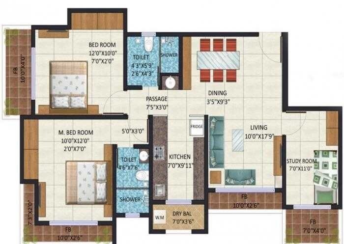 Floor plan of 3 BHK 719 Sq. Ft. Apartment in Delta Vrindavan, Thane