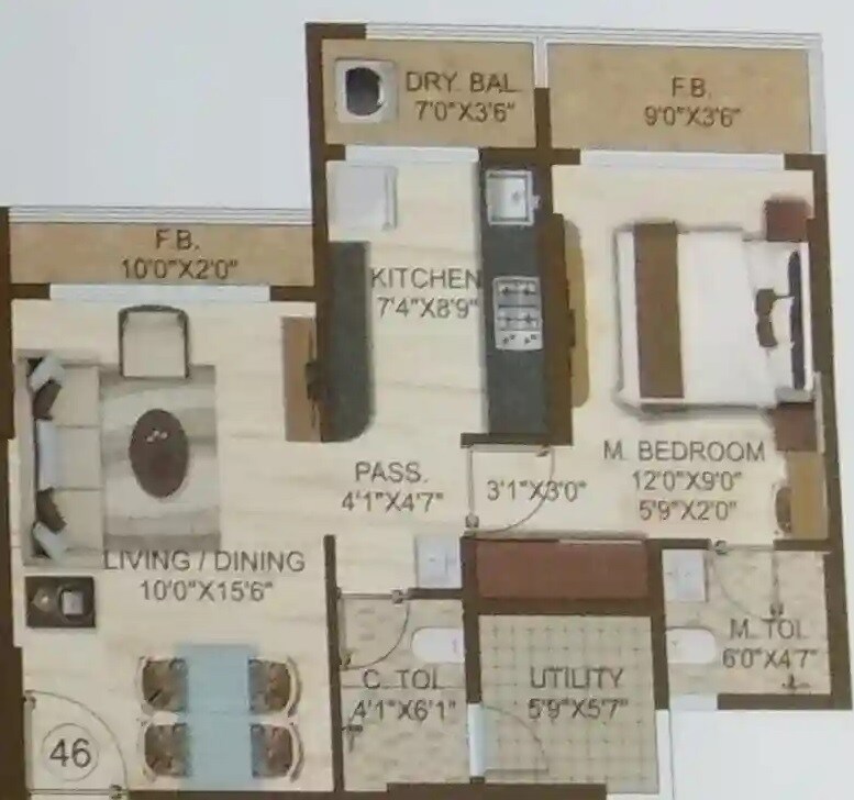 Floor plan of 1 BHK 411 Sq. Ft. Apartment in Delta Woods, Thane