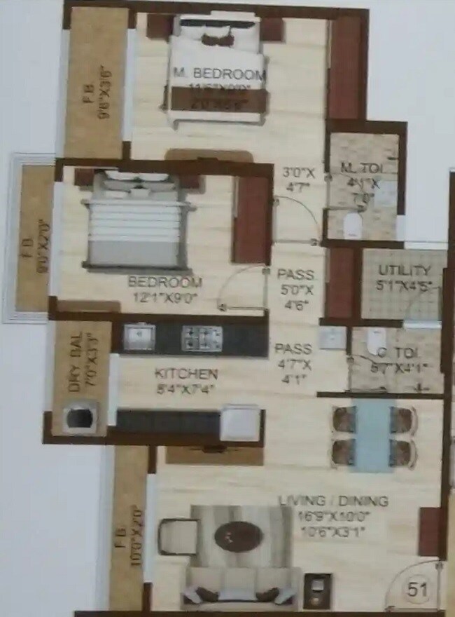 Floor plan of 2 BHK 585 Sq. Ft. Apartment in Delta Woods, Thane