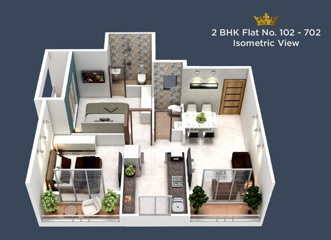 Floor plan of 2 BHK 630 Sq. Ft. Apartment in Derton Crown, Thane