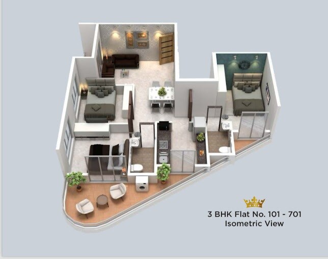 Floor plan of 3 BHK 930 Sq. Ft. Apartment in Derton Crown, Thane