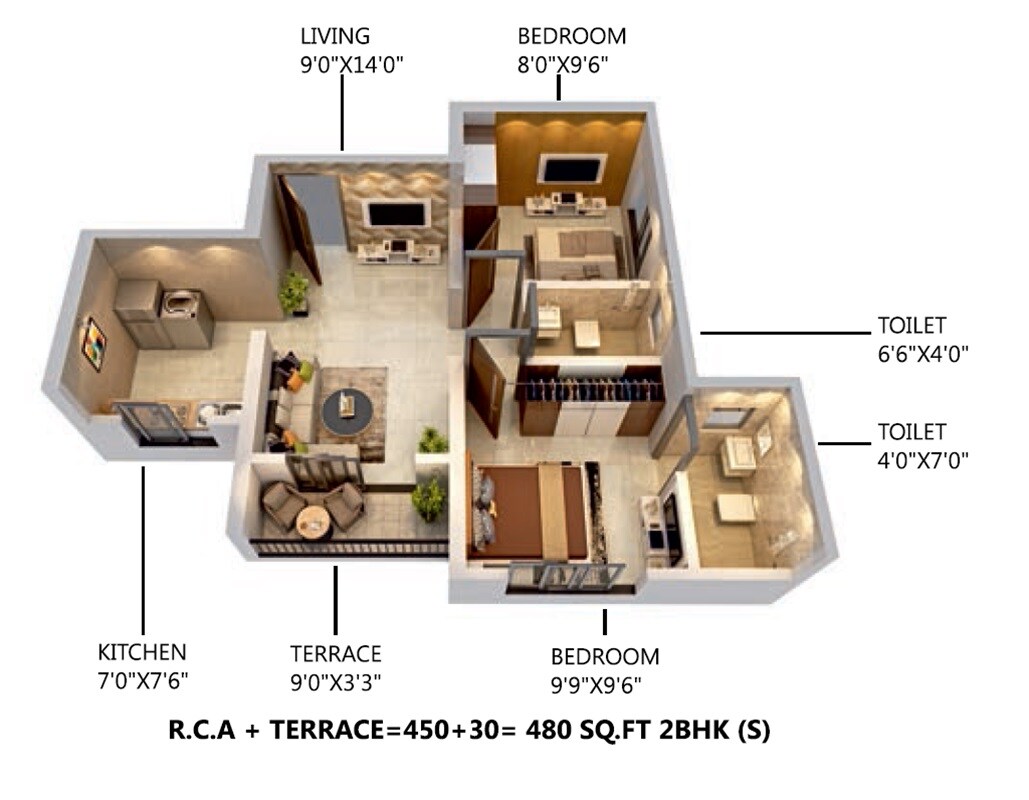 Floor plan of 2 BHK 450 Sq. Ft. Apartment in Dhanveer Balaji Uphomes, Thane
