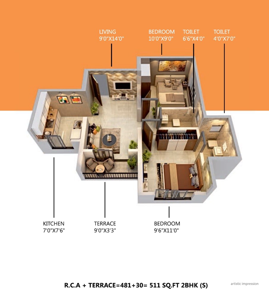 Floor plan of 2 BHK 481 Sq. Ft. Apartment in Dhanveer Balaji Uphomes, Thane