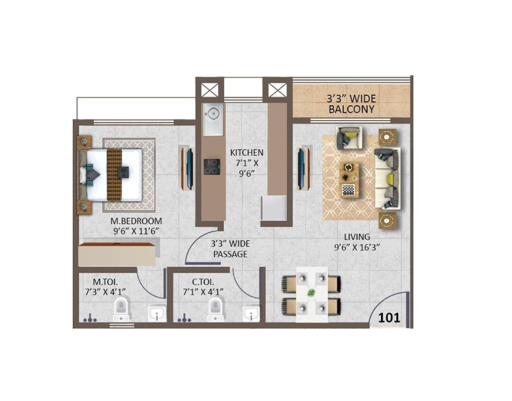 Floor plan of 1 BHK 444 Sq. Ft. Apartment in Dinaar Sky Valley, Thane