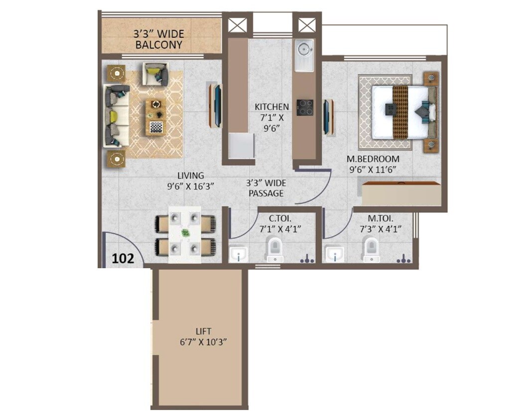 Floor plan of 1 BHK 468 Sq. Ft. Apartment in Dinaar Sky Valley, Thane