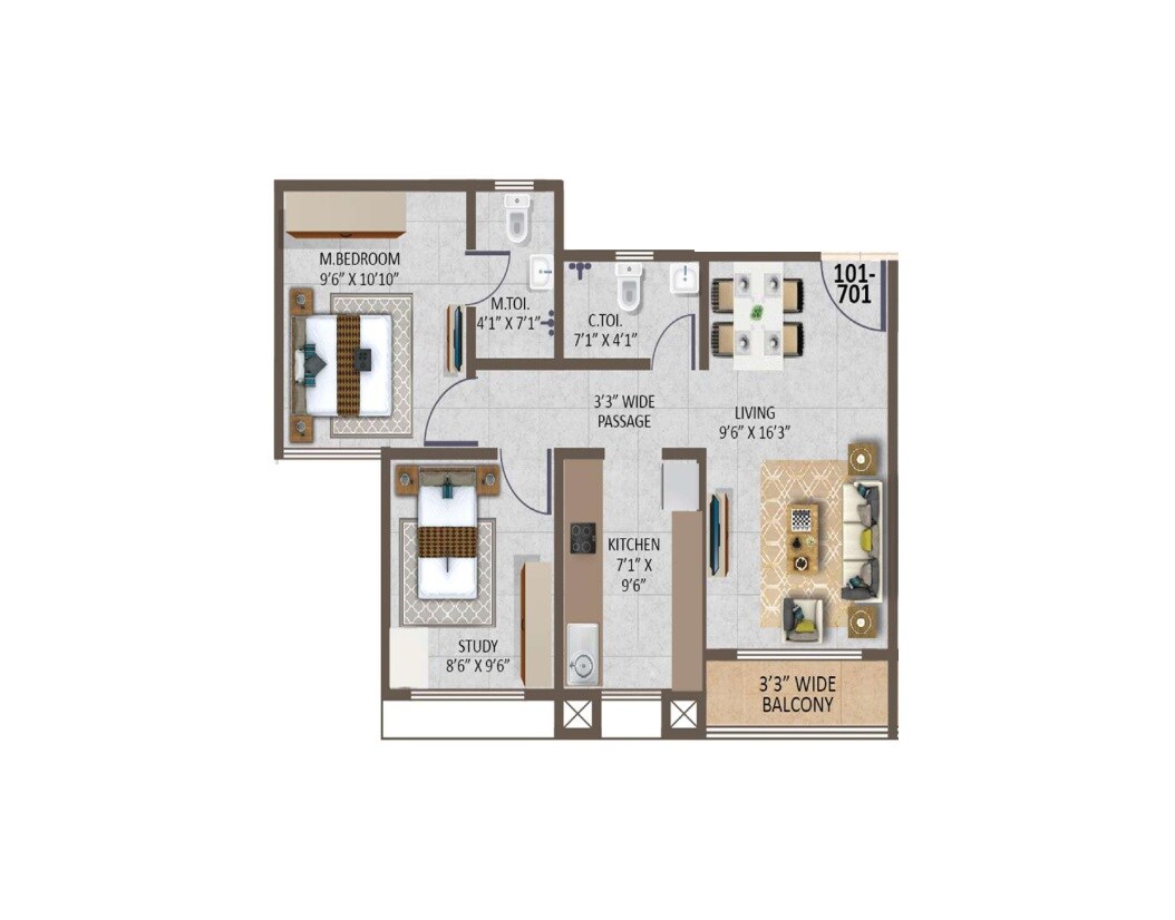 Floor plan of 2 BHK 540 Sq. Ft. Apartment in Dinaar Sky Valley, Thane