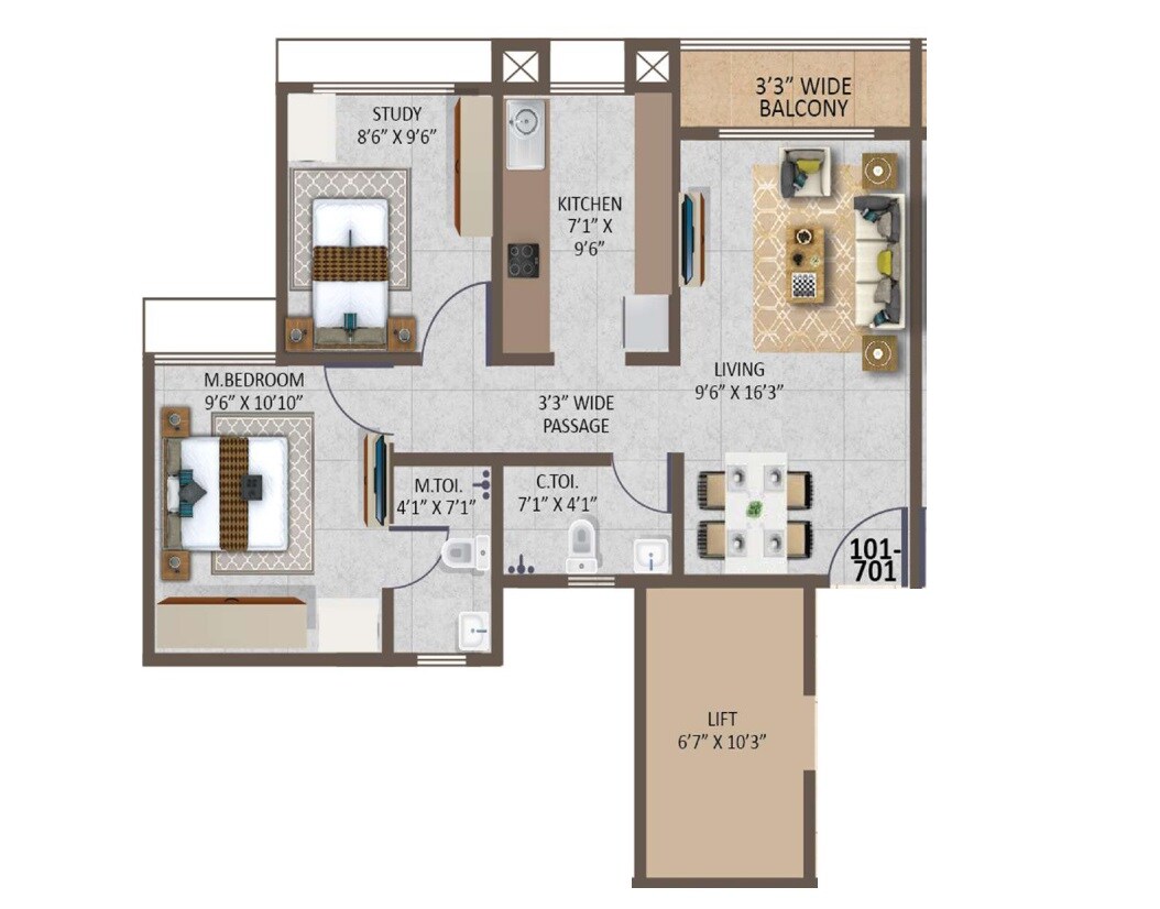 Floor plan of 2 BHK 570 Sq. Ft. Apartment in Dinaar Sky Valley, Thane