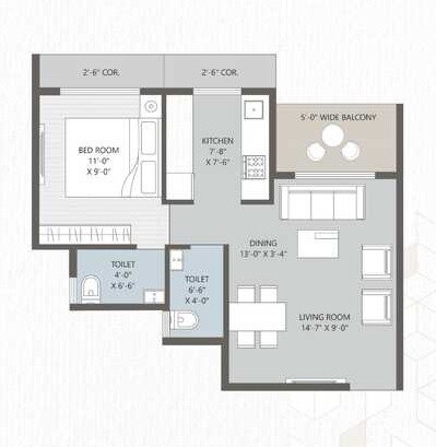 Floor plan of 1 BHK 339 Sq. Ft. Apartment in DK SPM Dream City, Thane