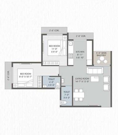 Floor plan of 2 BHK 500 Sq. Ft. Apartment in DK SPM Dream City, Thane