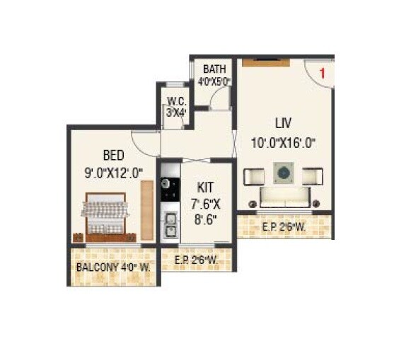 Floor plan of 1 BHK 469 Sq. Ft. Apartment in Dolphin Grand Vista, Thane