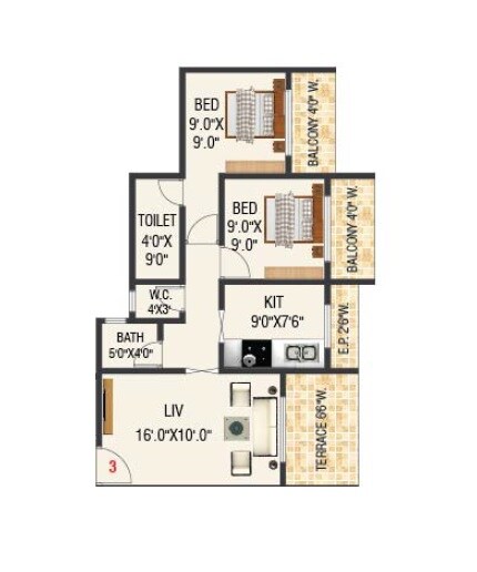 Floor plan of 2 BHK 551 Sq. Ft. Apartment in Dolphin Grand Vista, Thane