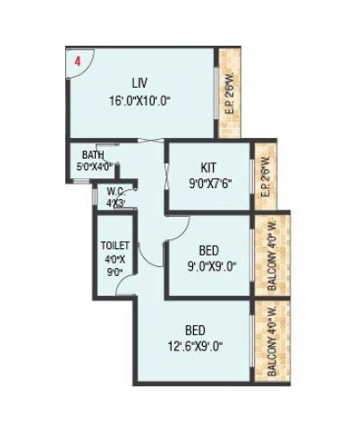 Floor plan of 2 BHK 574 Sq. Ft. Apartment in Dolphin Grand Vista, Thane