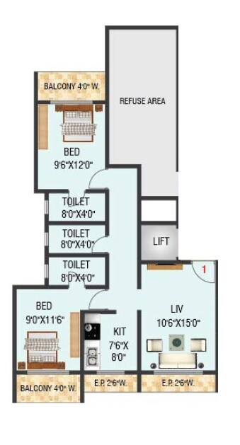 Floor plan of 2 BHK 607 Sq. Ft. Apartment in Dolphin Grand Vista, Thane