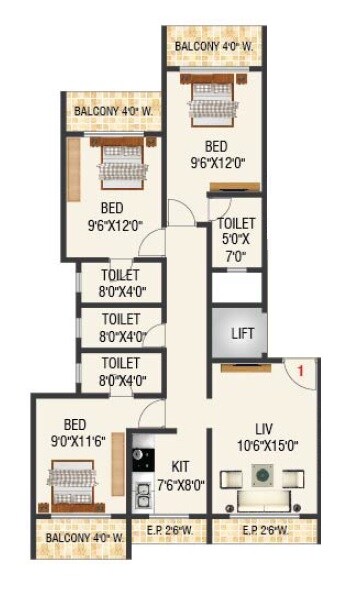 Floor plan of 3 BHK 865 Sq. Ft. Apartment in Dolphin Grand Vista, Thane