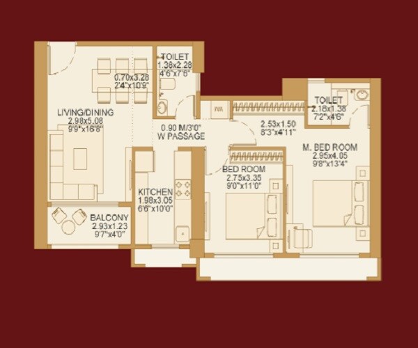 Floor plan of 2 BHK 700 Sq. Ft. Apartment in Dosti 604, Thane