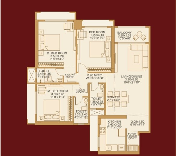 Floor plan of 3 BHK 1100 Sq. Ft. Apartment in Dosti 604, Thane