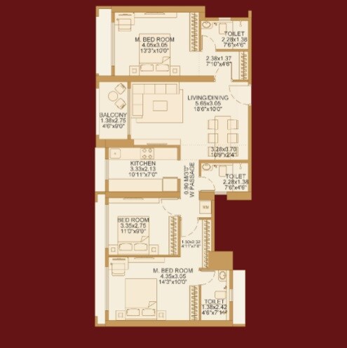 Floor plan of 3 BHK 970 Sq. Ft. Apartment in Dosti 604, Thane