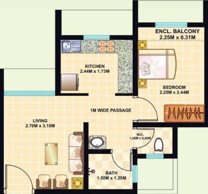 Floor plan of 1 BHK 279 Sq. Ft. Apartment in Dosti Desire Joy, Thane