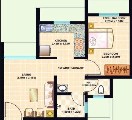 Floor plan of 1 BHK 290 Sq. Ft. Apartment in Dosti Desire Joy, Thane