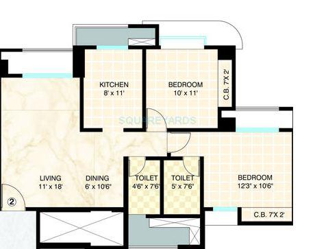 Floor plan of 2 BHK 734 Sq. Ft. Apartment in Dosti Group Imperia, Thane