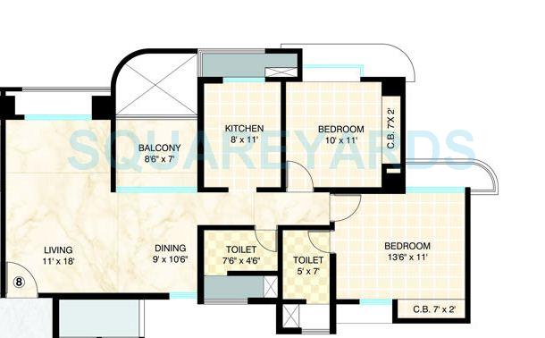 Floor plan of 2 BHK 885 Sq. Ft. Apartment in Dosti Group Imperia, Thane